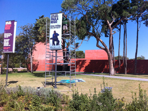 Casa das Histórias Paula Rego museum in Cascais, with exhibition banners and scaffolding on the lawn