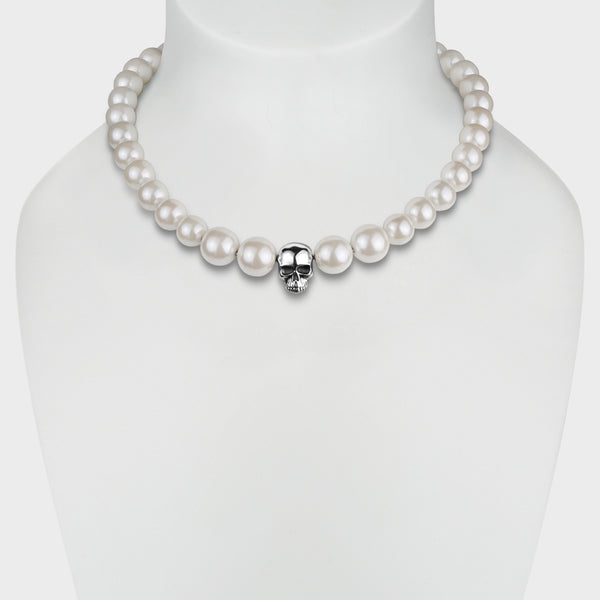 Blanche Skull & Pearl Necklace in Sterling Silver with White Shell Pearls - Main View