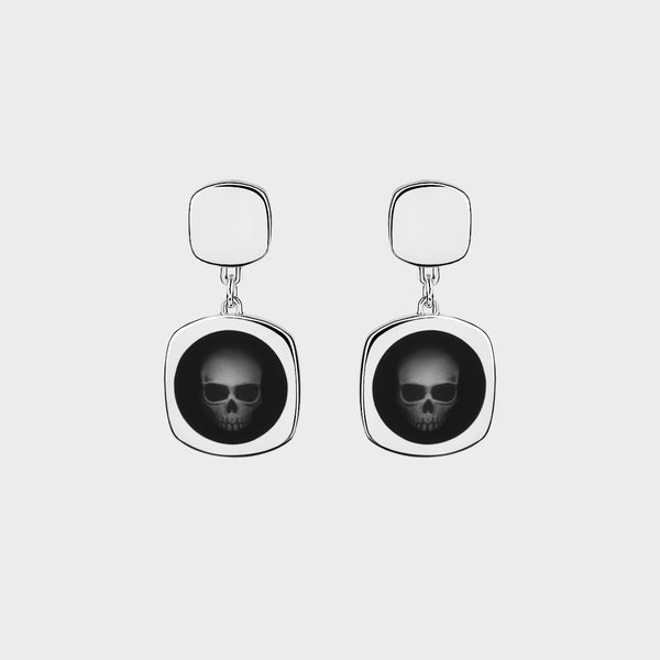 Ghost Skull Enamelled Signet Earrings / Black Enamel / Silver - Main View