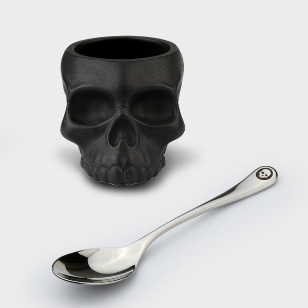 Gothic Skull Egg Cup and Stainless Steel Spoon in Black Castor Seed Polymer and Food Grade Stainless Steel - Main View