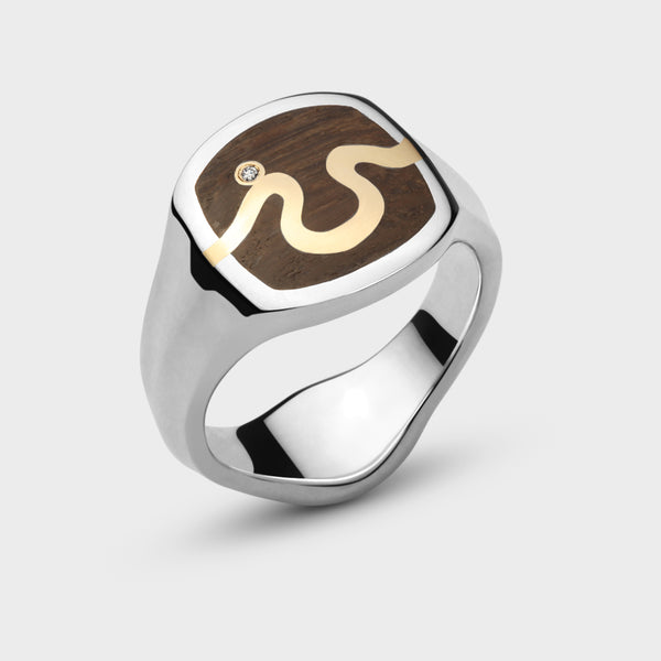 London Oak River Signet Ring in Silver with 9 Carat Yellow Gold with Diamond, size O1/2 - Main View