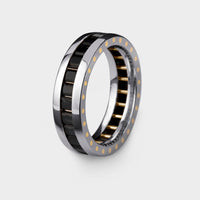 3/4 view of a geo ellipse eternity ring in platinum and black sapphires