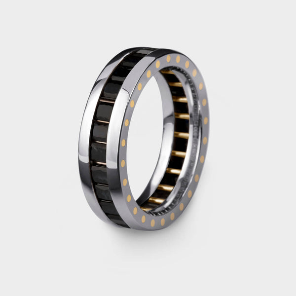 3/4 view of a geo ellipse eternity ring in platinum and black sapphires