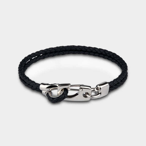 black Leather and silver Snap Twist Bracelet 21Cm