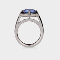 side view of a platinum and blue sapphire Tsarina Diamond Halo Ring